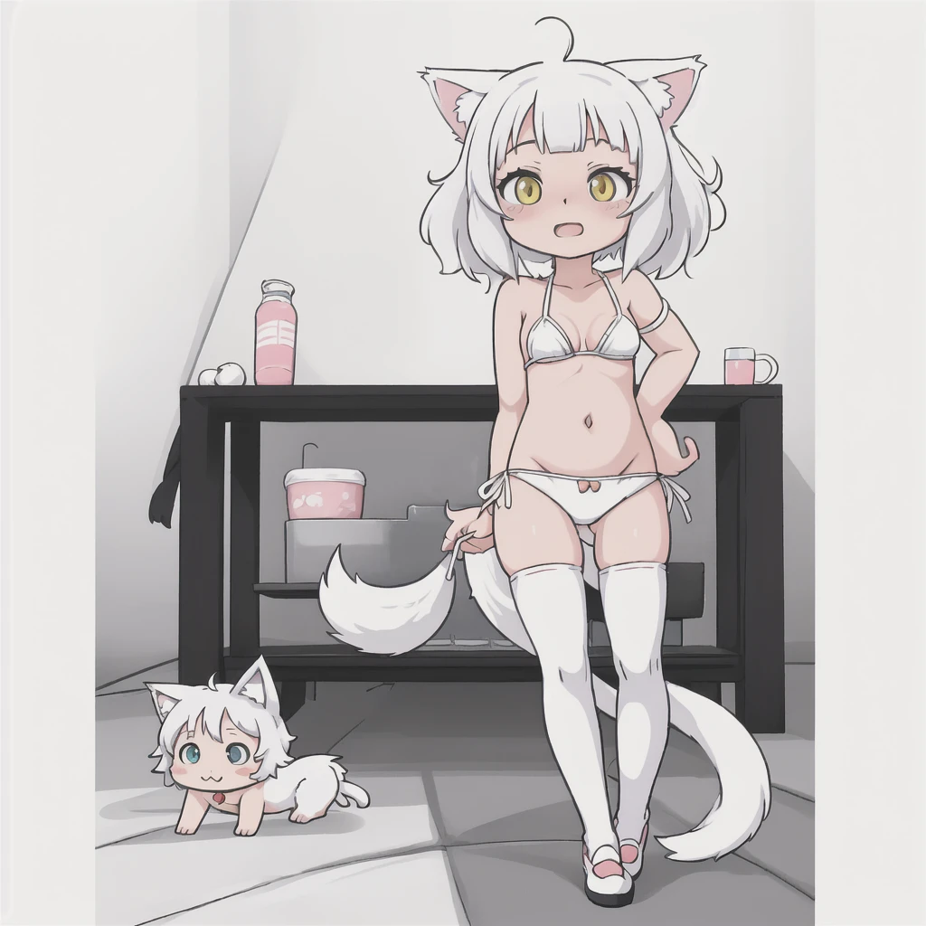 anime girl with cat ears and tail in a white bikini, neferpitou, holo is a wolf girl, anime catgirl, white cat girl, cute anime catgirl, seductive anime girl, beautiful anime catgirl, white - haired fox, holo if a wolf girl, wolf ears, attractive cat girl, nyaruko-san, anime moe artstyle