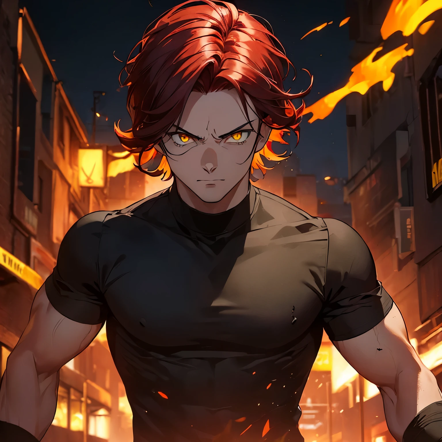 ((Man)), ((dark red hair)), ((messy combed back hairstyle)), ((yellow eyes)), black shirt, defined body, glowing eyes, dark background, knifes in hands