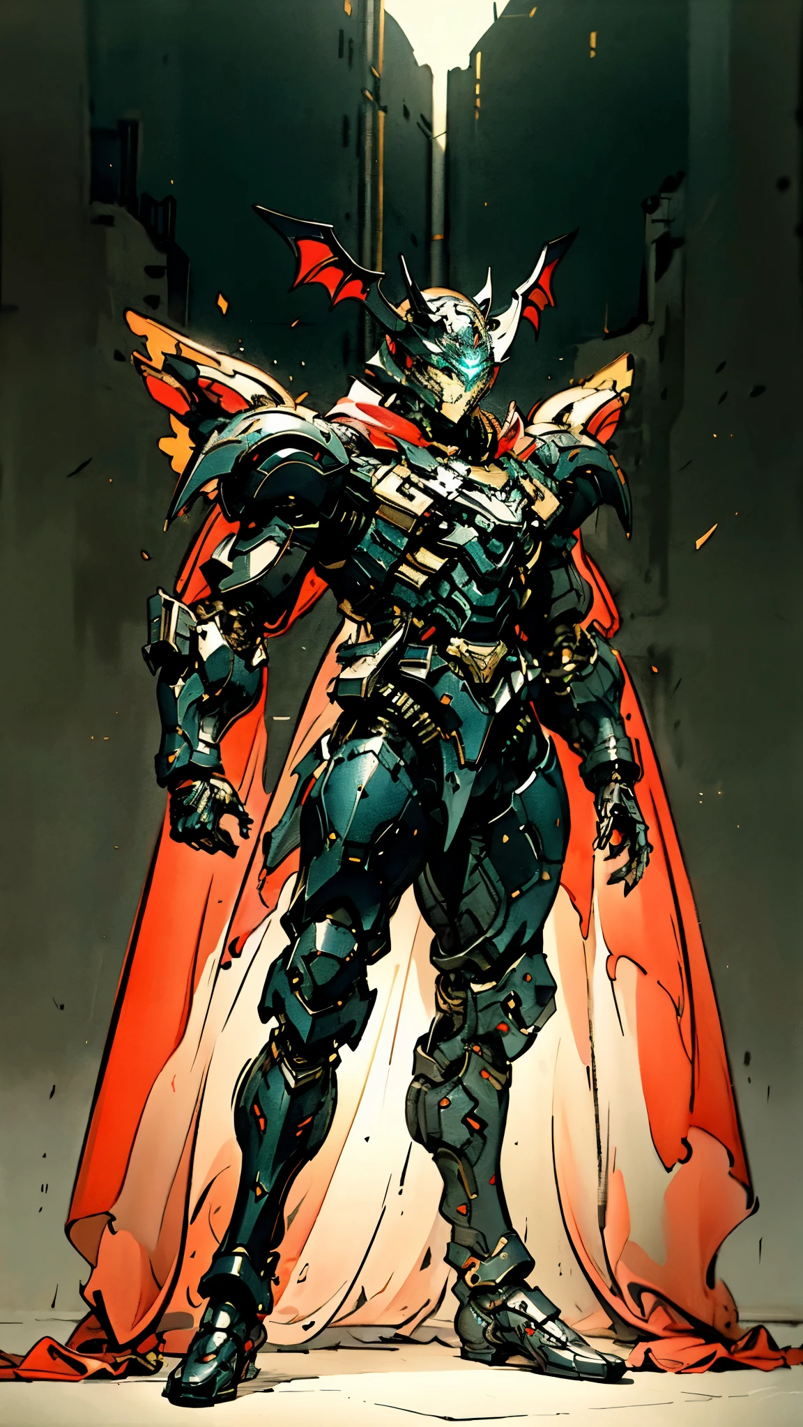 A man wearing a full-face helmet, a fantasy-style biotech armored combat suit, green eyes, (a composite layered chest armor), fully enclosed shoulder guards, matching arm and leg guards, the belt is adorned with fangs biting into orbs, (the color scheme is primarily black with red accents), the design balances heavy with agility, a high-tech bio-mecha armor, (Bat concept Armor, stand on the top of a skyscraper in a futuristic sci-fi city), this character embodies a finely crafted fantasy-surreal style armored hero in anime style, exquisite and mature manga art style, (element, plasma, energy, the armor glows), ((male:1.5)), metallic, real texture material, dramatic, high definition, best quality, highres, ultra-detailed, ultra-fine painting, extremely delicate, professional, perfect body proportions, golden ratio, anatomically correct, symmetrical face, extremely detailed eyes and face, high quality eyes, creativity, RAW photo, UHD, 32k, Natural light, cinematic lighting, masterpiece-anatomy-perfect, masterpiece:1.5