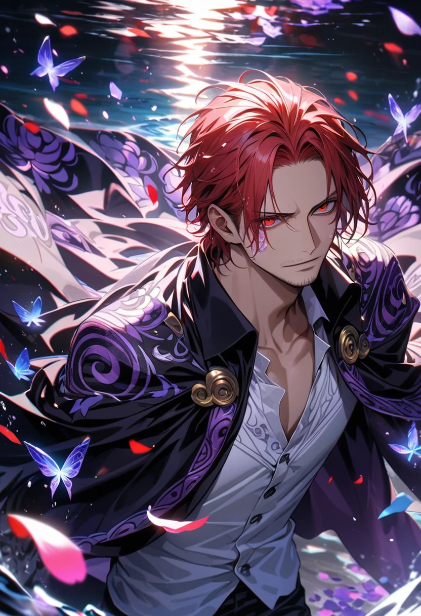 Ultra detailed, HDR, Highres, absurdres, master piece, Shanks, red hair, expressive red eyes, black cape with patterns, One Piece, purple glittering butterflies, purple ice, petals, purple ice roses, sexy man, solo, extremely detailed face and eyes, handsome, glittering, water, white tight shirt,