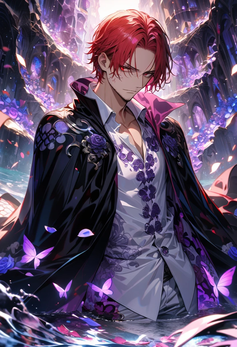 Ultra detailed, HDR, Highres, absurdres, master piece, Shanks, red hair, expressive red eyes, black cape with patterns, One Piece, purple glittering butterflies, purple ice, petals, purple ice roses, sexy man, solo, extremely detailed face and eyes, handsome, glittering, water, white tight shirt,