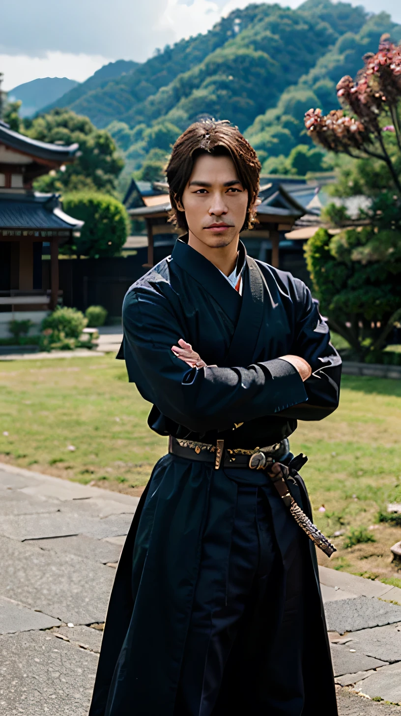 samurai、Handsome、Samurai dressed in traditional armor、Holding a sword、Standing in a confident and powerful pose。The background is a scenic and calm landscape.、Enhance the overall aesthetic of the image。