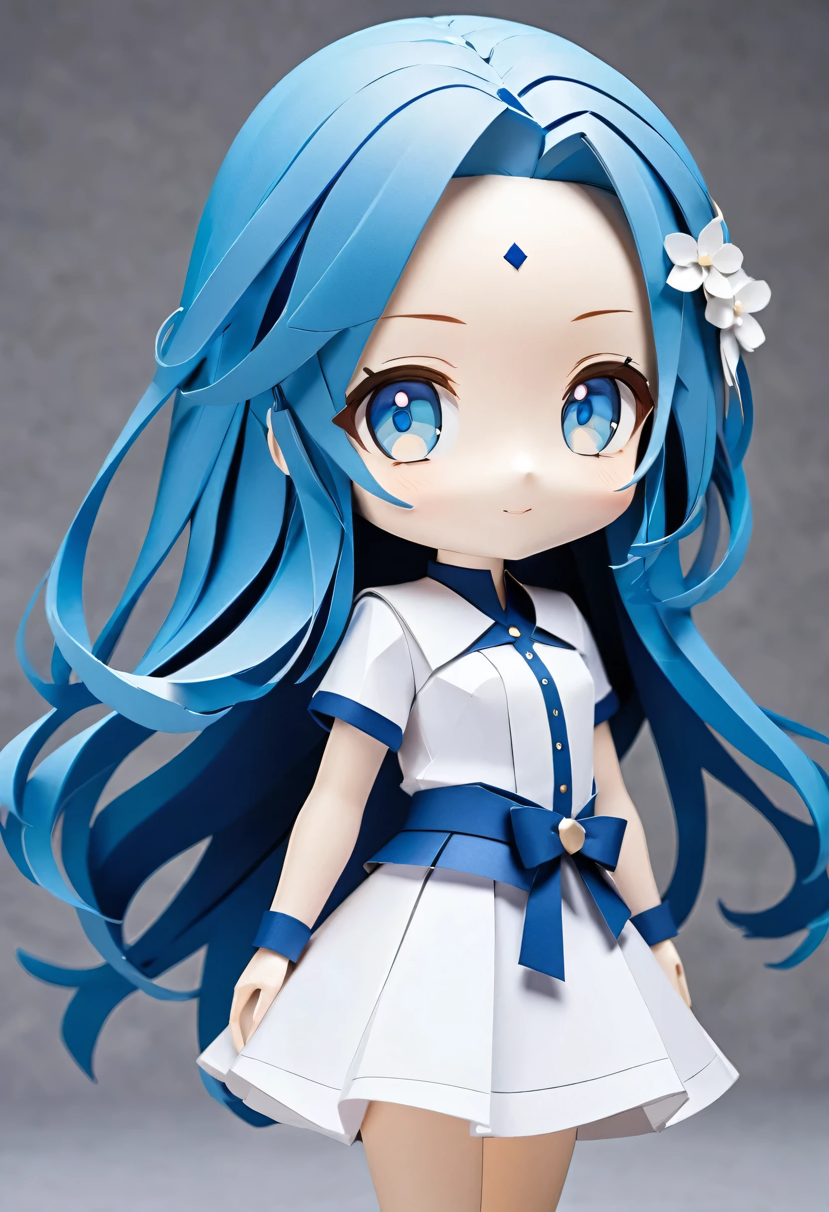 16k, papercraft:1.6, a forehead:0.3 blue hair long hair lovely girl, lovely blue eyes.