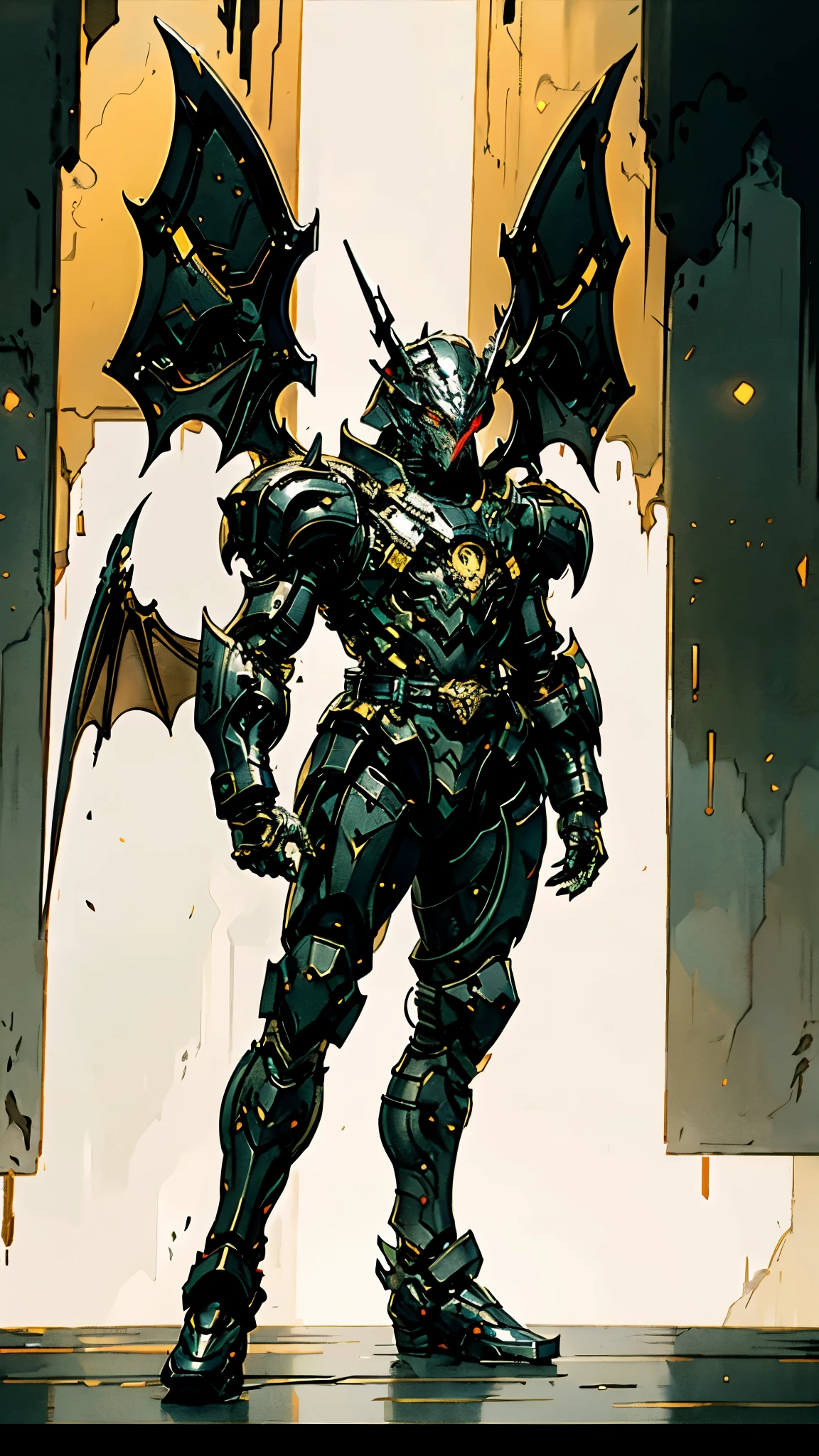 A man wearing a full-face helmet, a fantasy-style biotech armored combat suit, green eyes, (a composite layered chest armor), fully enclosed shoulder guards, matching arm and leg guards, the belt is adorned with fangs biting into orbs, (the color scheme is primarily black with red accents), the design balances heavy with agility, a high-tech bio-mecha armor, (Bat concept Armor, stand on the top of a skyscraper in a futuristic sci-fi city), this character embodies a finely crafted fantasy-surreal style armored hero in anime style, exquisite and mature manga art style, (element, plasma, energy, the armor glows), ((male:1.5)), metallic, real texture material, dramatic, high definition, best quality, highres, ultra-detailed, ultra-fine painting, extremely delicate, professional, perfect body proportions, golden ratio, anatomically correct, symmetrical face, extremely detailed eyes and face, high quality eyes, creativity, RAW photo, UHD, 32k, Natural light, cinematic lighting, masterpiece-anatomy-perfect, masterpiece:1.5