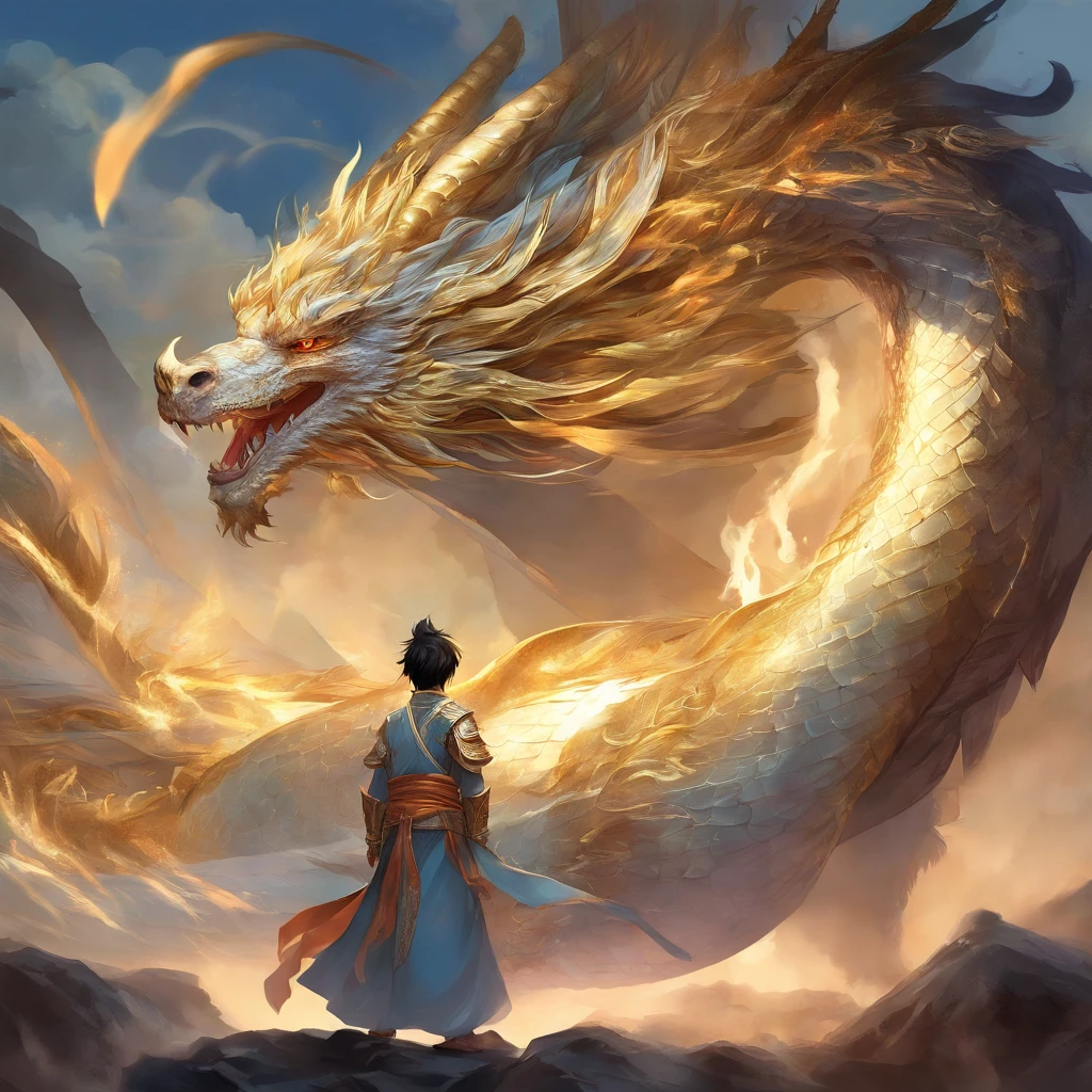 "Crie um hipnotizante, Anime-style high-definition art with a captivating smoke background. Enfatize cores vibrantes, detalhes intrincados, e uma perspectiva grande angular. Enhance the composition with soft lighting and fantasy elements, perishing the cover of a Chinese manhua where a young boy with blue-black hair, a martial artist's outfit and a majestic dragon in gold and white tones behind" (1 young boy), beautiful detailed eyes, beautiful detailed lips, eyes and extremely detailed face, long eyelashes, martial arts clothing, beautiful bluish black hair, with a majestic white and gold dragon behind