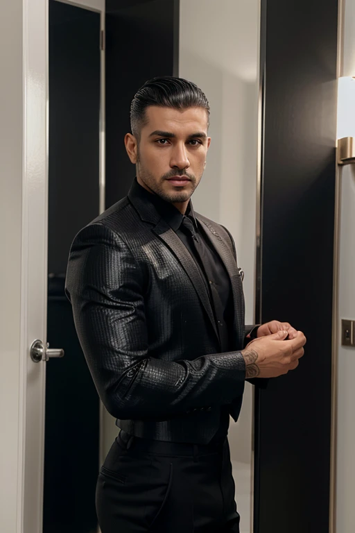 Foto real beleza masculina moda roupa preta moderna glamour luxo show alta costura homen latino atletico pedrarias brilho 