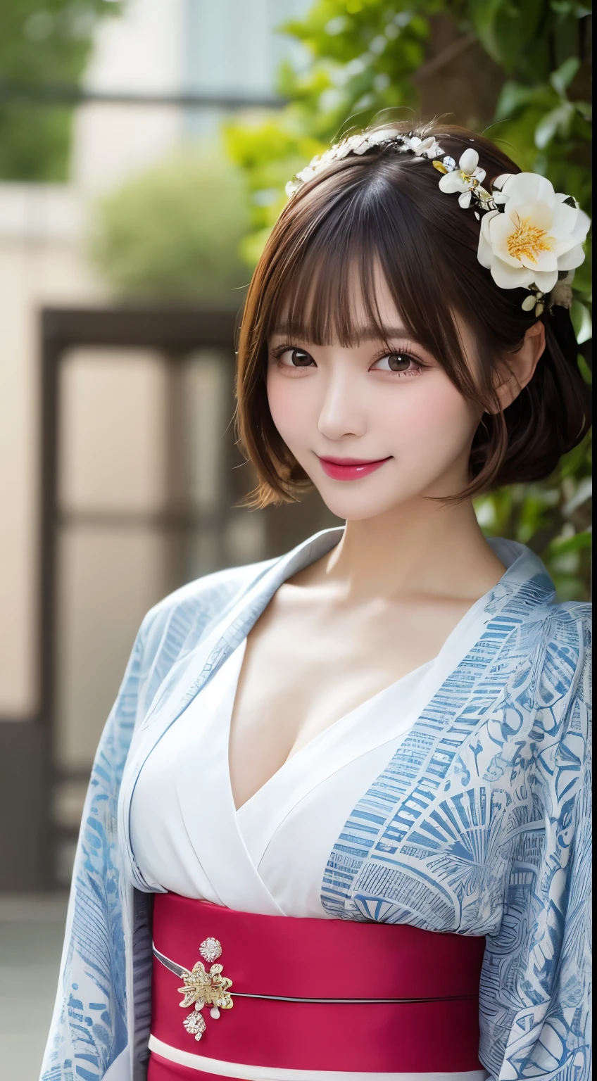 whole body, highest quality, shape, Very detailed, In detail, High resolution, 8k wallpaper, Perfect dynamic composition, Beautiful details, kimono，Medium Hair, Center of chest, Natural color lip, Random sexy poses,smile,shrine，Flower Hair Ornaments，cute，