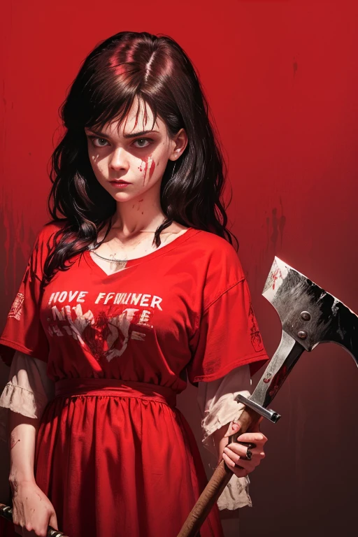 Close-up of a woman holding an axe in her hand with a terrified expression, clean from a horror movie scene, With an ax, Horror illustration, laura palmer, From horror films, From the Twin Peaks scene, Inspired by Ruth Deckard, Evil Woman, With an ax, ( Art Fitzpatrick ), Horror Movie Slasher, From the Twin Peaks scene, From Hotline Miami, evil dead