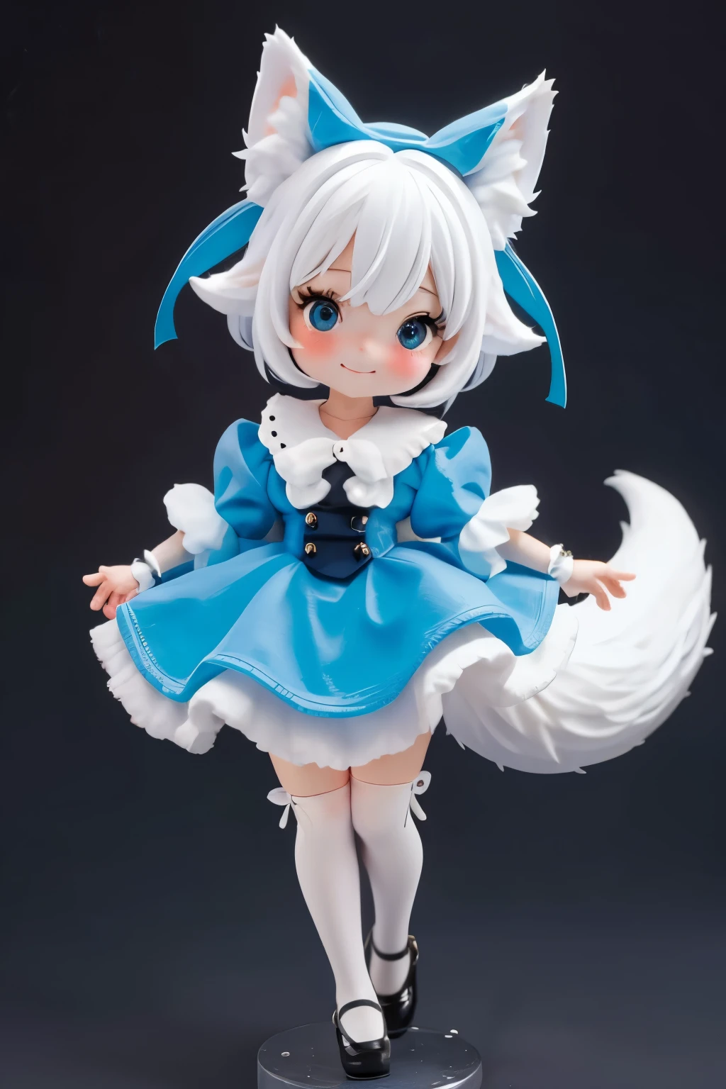 A girl with striking white hair、Fox ears and tail、Cosplay、Baby Face、Cute dynamic pose、hair ornaments、Black Pantyhose、No sleeve、smile、Background is blue
