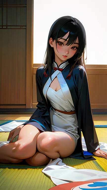 Close-up of a woman wearing a cutout suit sitting on the floor, bare skin,Yoshitomo Nara, Asia girl, Japanese Models, beautiful Asia girl, Realistic young photo idol, Young and thin photo idol, Asia, Young sexy photo idol, Japanese Goddess, Sexy Girls, Young and beautiful gravure idol, Beautiful Chinese model, Asia hyperdetailed