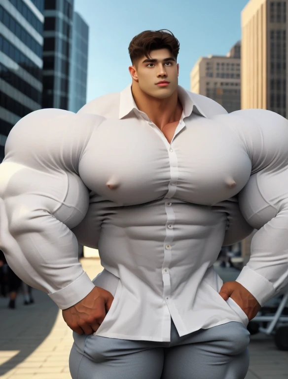 1 boy, giant, model shoot style, looking at viewer, standing, illuminating light, outdoor, strong body, bulk, large size, posing, sunmer, in the city, wear white shirt & pants, meaty bulge, big, brutalmass, giant, muscular body, bulk, massive body, squishy, large meaty body size