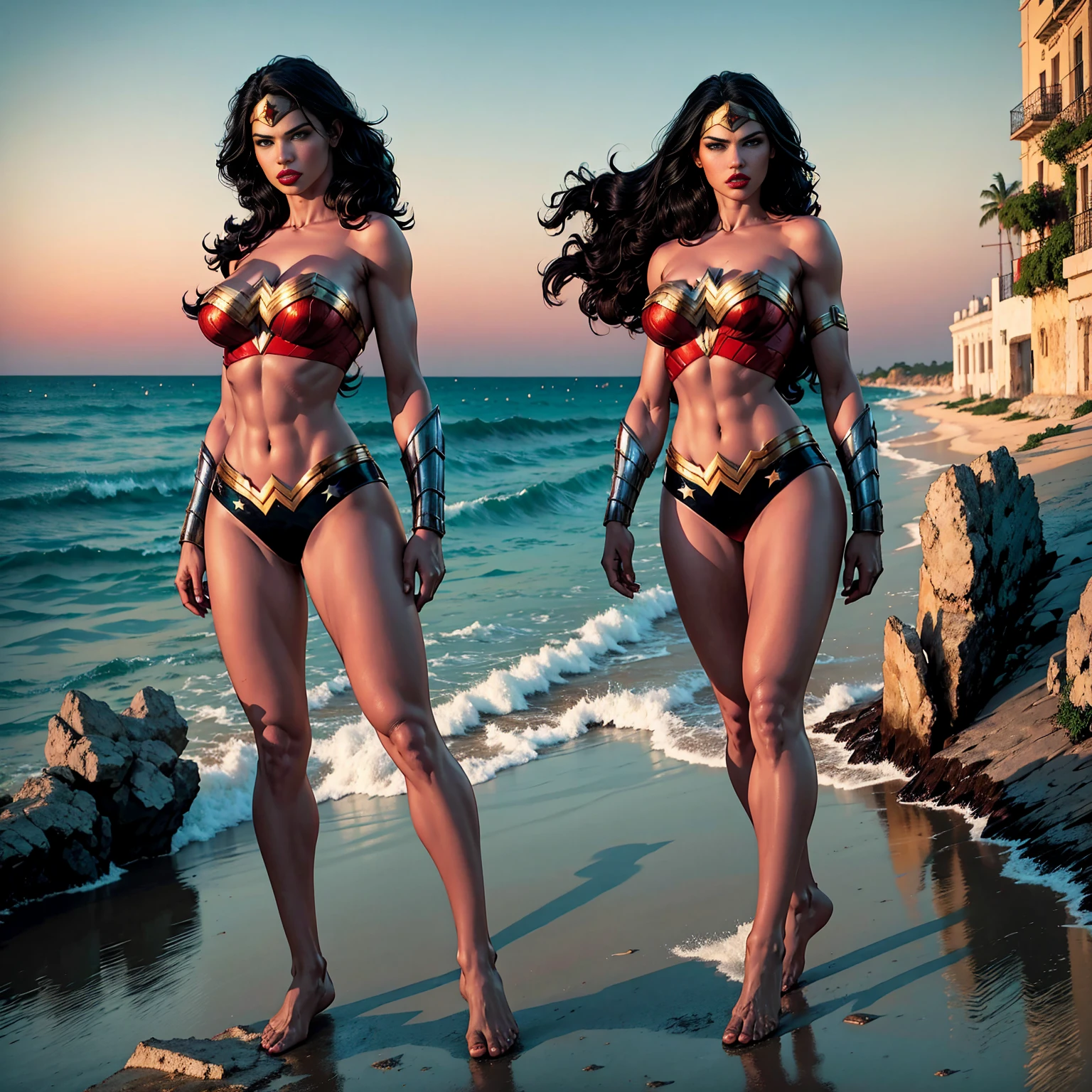 a fit woman in bodysuit, enormous breast, realistic, detailed, hyperrealistic, Hero pose, Standing next to beautiful waterfall and pool inside ancient temple, 1girl, high detailed, 8k, cameltoe, , , wonder woman, gal gadot, (full body:1.5)