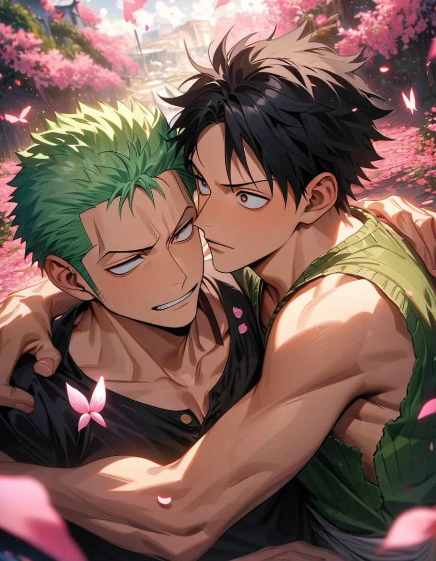 absurdres, highres, ultra detailed, HDR, masterpiece, extremely detailed face and eyes, Roronoa Zoro, green hair, expressive green eyes, One Piece, Monkey D Luffy, black hair, expressive brown eyes, two men together, gay couple, handsome, pink butterflies, pink petals, pink flowers