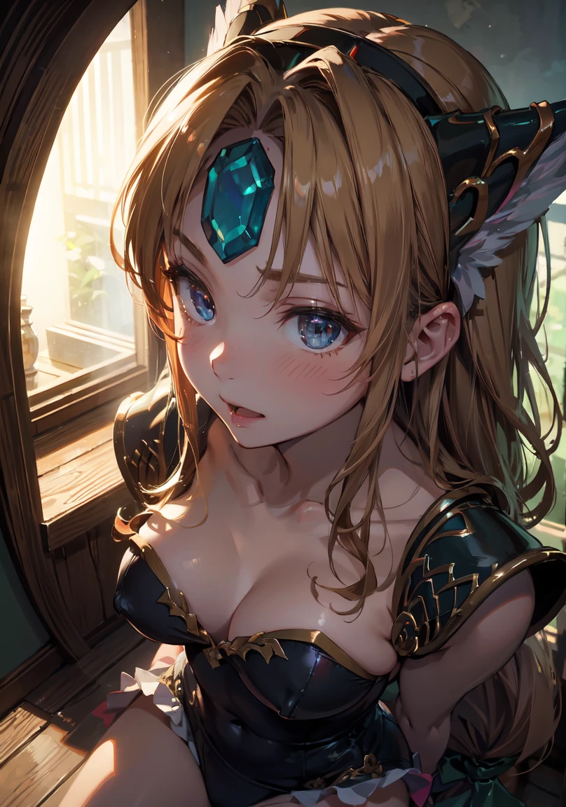 Profile、Close-up breasts、from above、Desperately peering into a small hole in the wall of a wooden apartment、excited、Hentai face、Drooling、blush、squat、Transparent and great lighting, ((masterpiece)), highest quality, Beautiful art, Photorealism