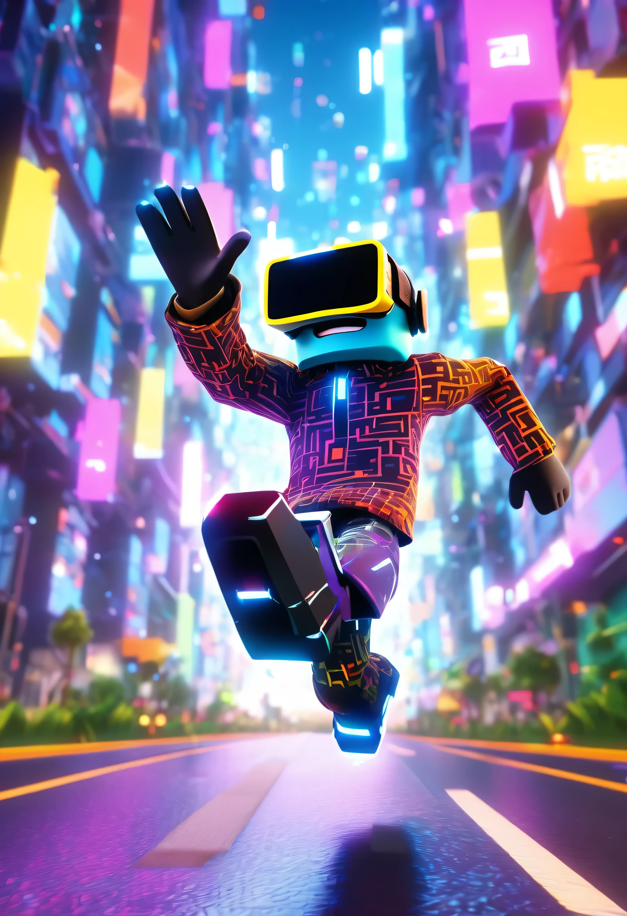 roblox type character, with vr glasses, running on a road, detail to the pixels, futuristic city background pixels apparent. Vivid colors.