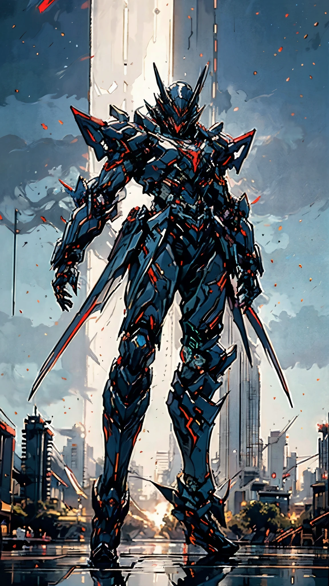 A man wearing a full-face helmet, a fantasy-style biotech armored combat suit, green eyes, (a composite layered chest armor), fully enclosed shoulder guards, matching arm and leg guards, the belt is adorned with fangs biting into orbs, (the color scheme is primarily black with red accents), the design balances heavy with agility, a high-tech bio-mecha armor, (Bat concept Armor, stand on the top of a skyscraper in a futuristic sci-fi city), this character embodies a finely crafted fantasy-surreal style armored hero in anime style, exquisite and mature manga art style, (element, plasma, energy, the armor glows), ((male:1.5)), metallic, real texture material, dramatic, high definition, best quality, highres, ultra-detailed, ultra-fine painting, extremely delicate, professional, perfect body proportions, golden ratio, anatomically correct, symmetrical face, extremely detailed eyes and face, high quality eyes, creativity, RAW photo, UHD, 32k, Natural light, cinematic lighting, masterpiece-anatomy-perfect, masterpiece:1.5