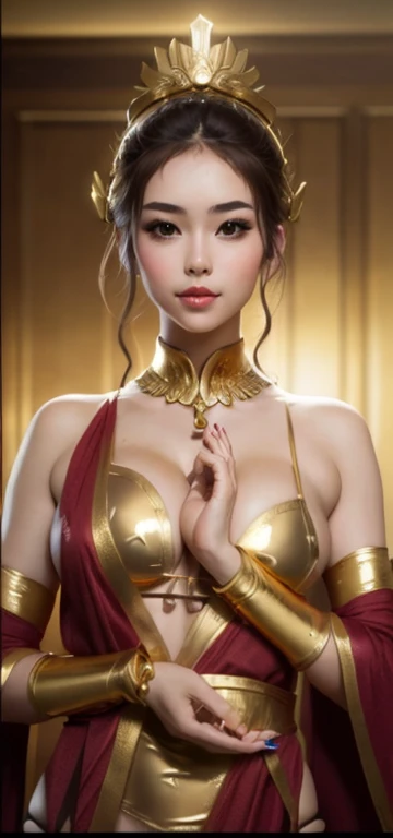 A girl cosplaying as the goddess Athena,sexy cosplayer girl、Sexy gold micro bikini with gold embellishments,Golden Sexy Micro Bikini Warrior,White skin,Perfect body,Light brown hair(big 、big 房、big Tits)(Cleavage exposure、Exposing the upper arm、Navel exposure、Exposed thighs)(sexy gold garter stockings)