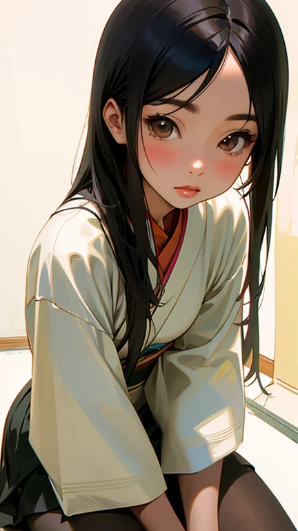 Close-up of a woman wearing pantyhose sitting on the floor, bare skin，Yoshitomo Nara, Asia girl, Japanese Models, beautiful Asia girl, Realistic young photo idol, Young and thin photo idol, Asia, Young sexy photo idol, Japanese Goddess, Sexy Girls, Young and beautiful gravure idol, Beautiful Chinese model, Asia hyperdetailed
