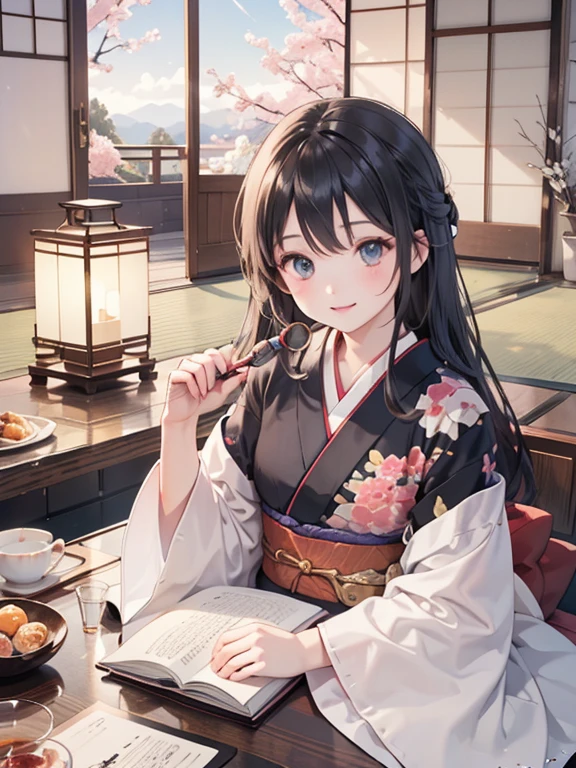 (8k, highest quality, Tabletop:1.2)、One ****************, Detailed face, black eye, Black Hair, Long Hair, Kimono with a flower pattern, night, Japanese-style room, Tatami room, Sliding doors, Lantern, Japanese cushion, seiza, calligraphy, Holding a brush