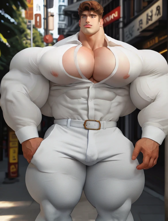 1 boy, giant, model shoot style, looking at viewer, standing, illuminating light, outdoor, strong body, bulk, large size, posing, sunmer, in the city, wear white shirt & pants, meaty bulge, big, brutalmass, giant, muscular body, bulk, massive body, squishy, large meaty body size
