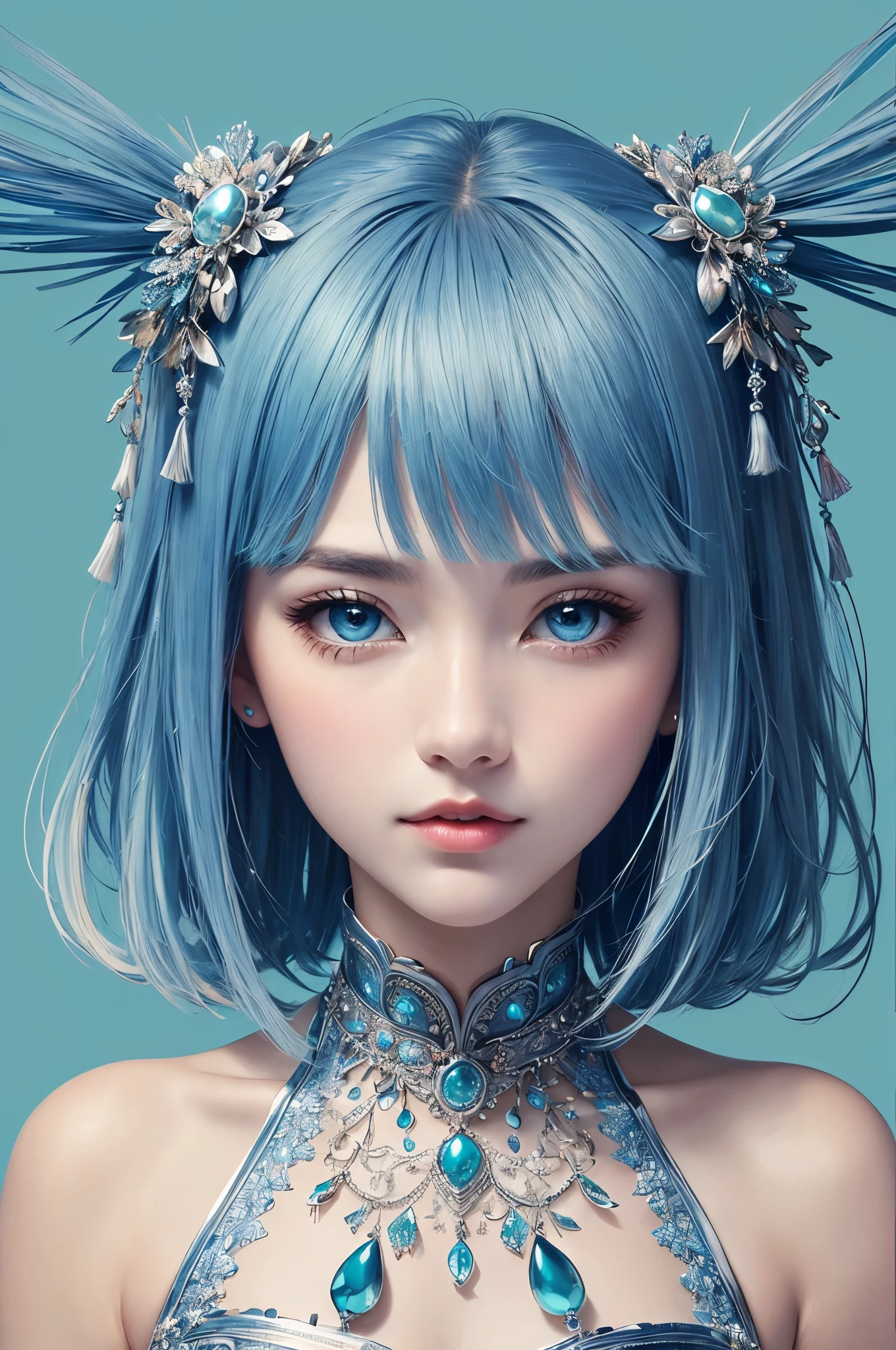 (masterpiece、highest quality、highest quality、Official Art、aesthetics:1.2)、(1 Girl:1.3)、(Fractal Art:1.3)、Beautiful aqua blue eyes、Beautiful Skin、Medium length hair with silver tassels、ultra precise detailed