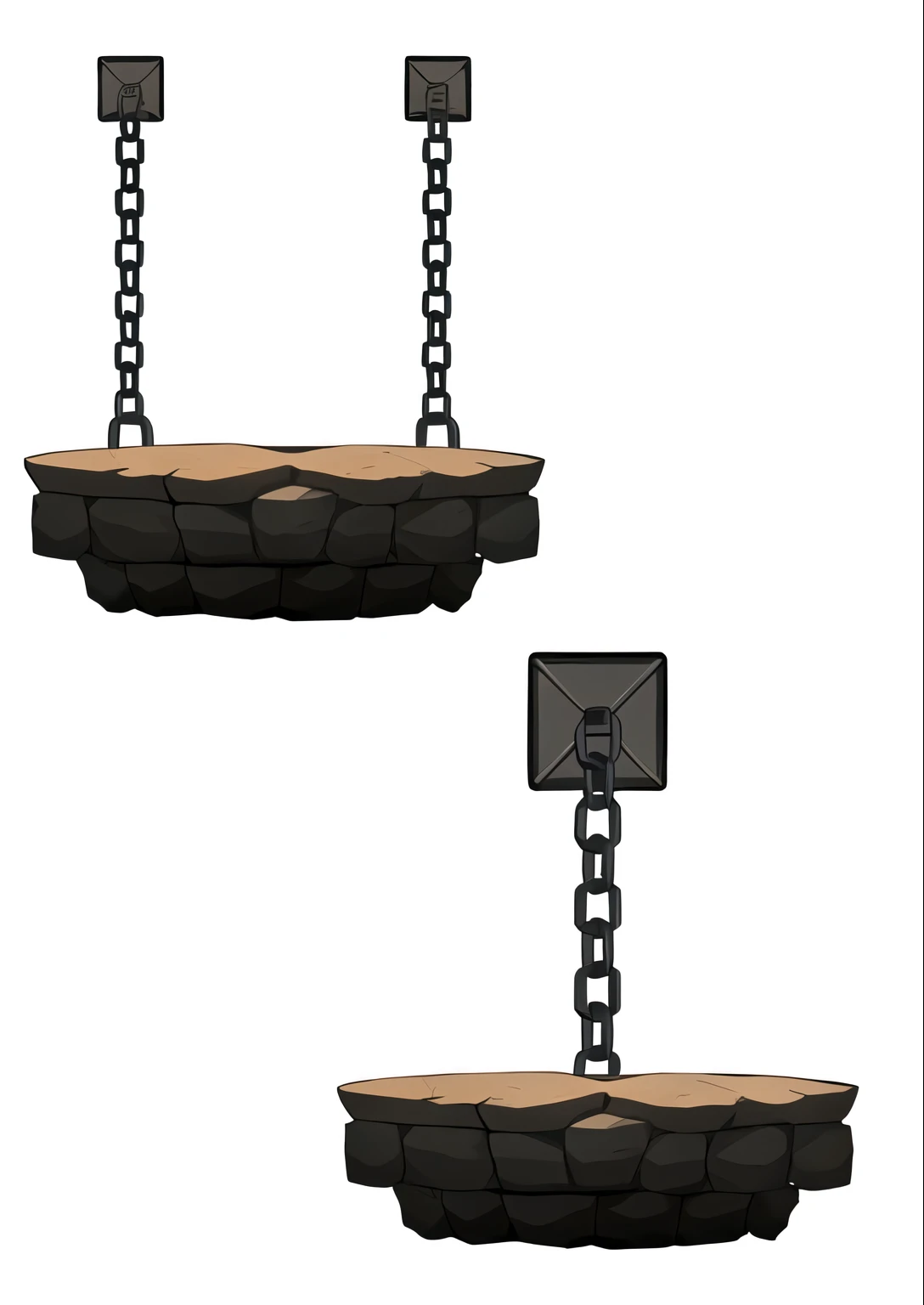 there are two hanging baskets with correntes on them, Cauldrons, correntes hanging from ceiling, 2D rendering, ativo do jogo, minas, correntes dangling from the ceiling, corrente, in a fundo da masmorra, armadilhas, seperated ativo do jogo, large corrente, Mortar Heads, fundo da masmorra, arte conceitual, arte conceitual, 2d ativo do jogo, forca