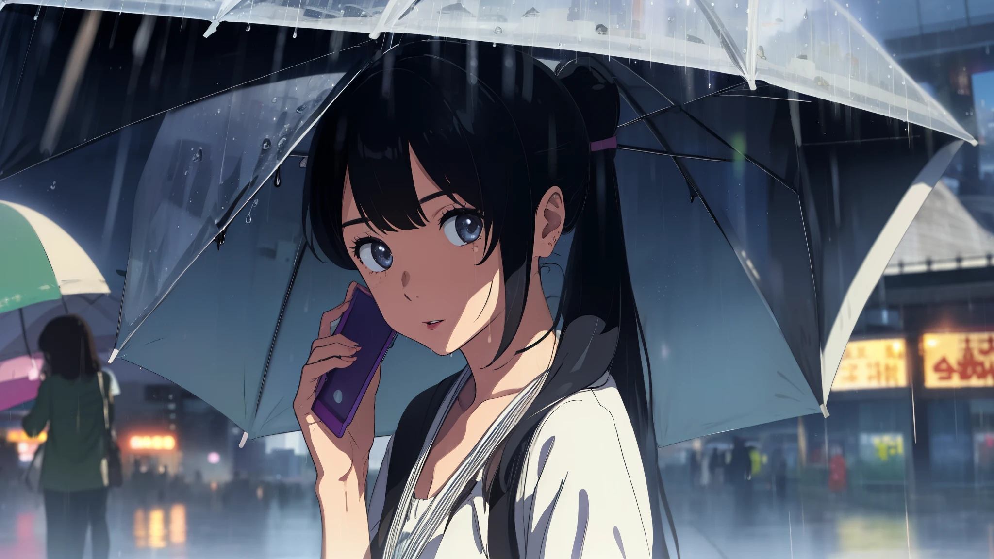 master peace, High-quality, (Wide-angle), (Perfect face, Detailed face, Detailed eyes, Perfect hands) , Rain in Tokyo, skyscraper, peoples, 1 girl with umbrella talking on phone, black ponytail hair, masterpeace