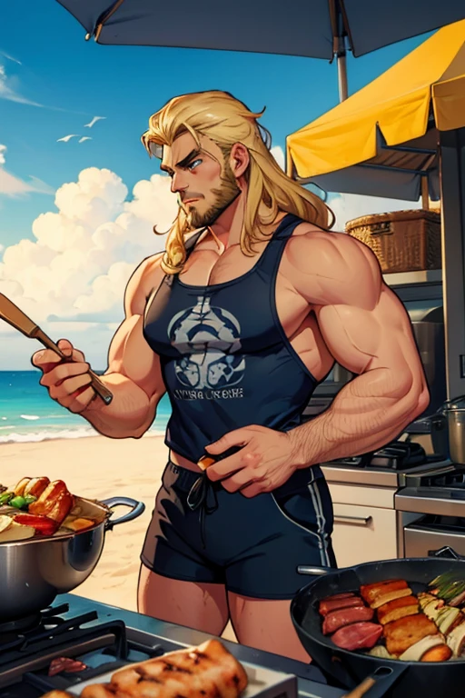 A muscular blonde haired man with blue eyes with long hair and a dark beard in a pair of shorts is cooking on the grill at the beach