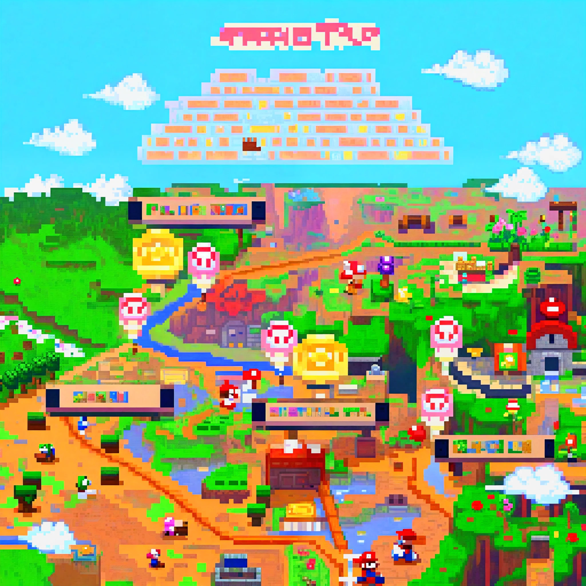 pixel art super mario world map, 3d pixel art 4k wallpaper, incredible pixel art details, flowers, (pixel art), lots of flowers in foreground, 32 bit
