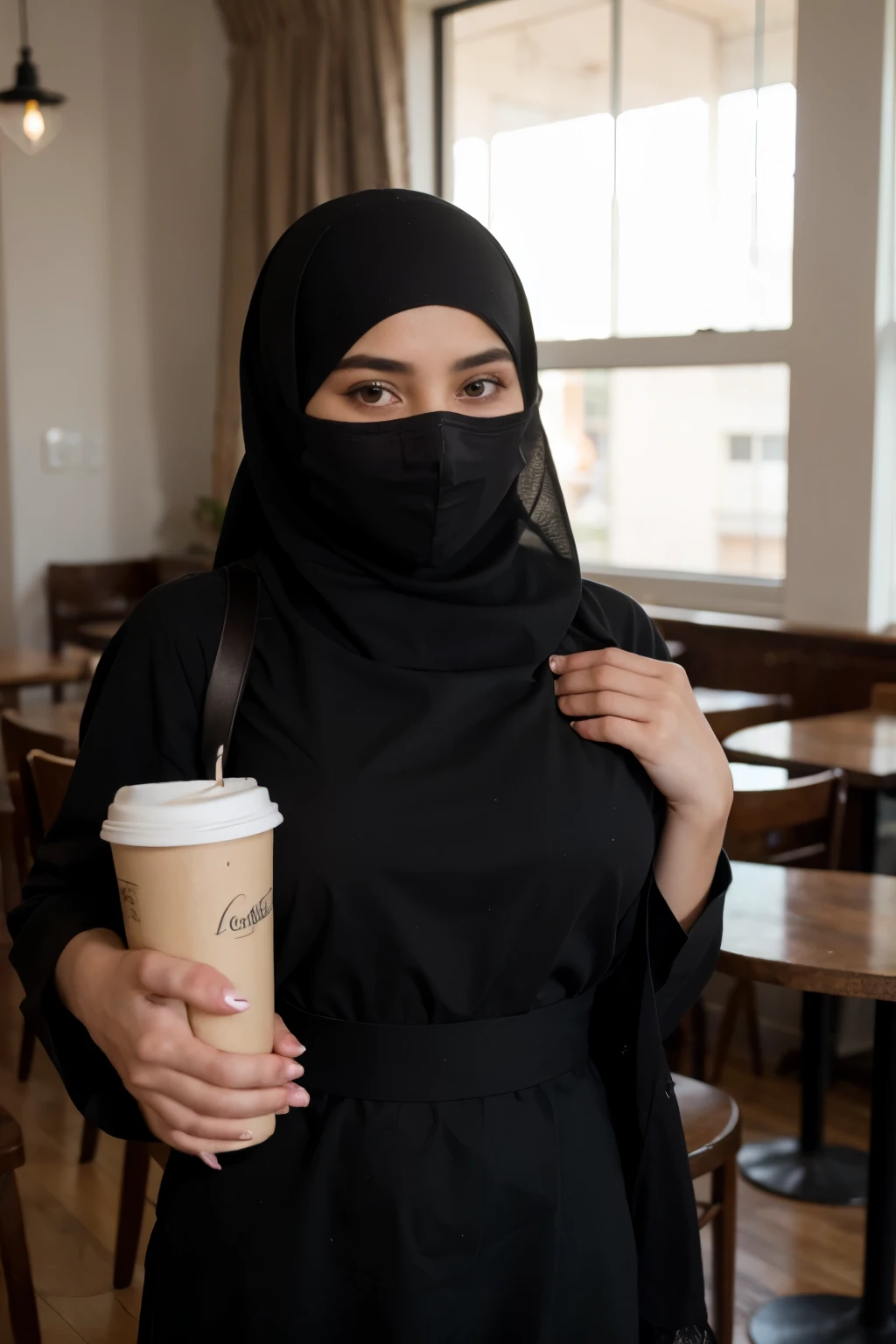 ((Best quality)), ((masterpiece)), (detailed), perfect face Muslim girl in a cafe , realistically , to full height, dressed closed Muslim, the body should not be seen, black color burqa