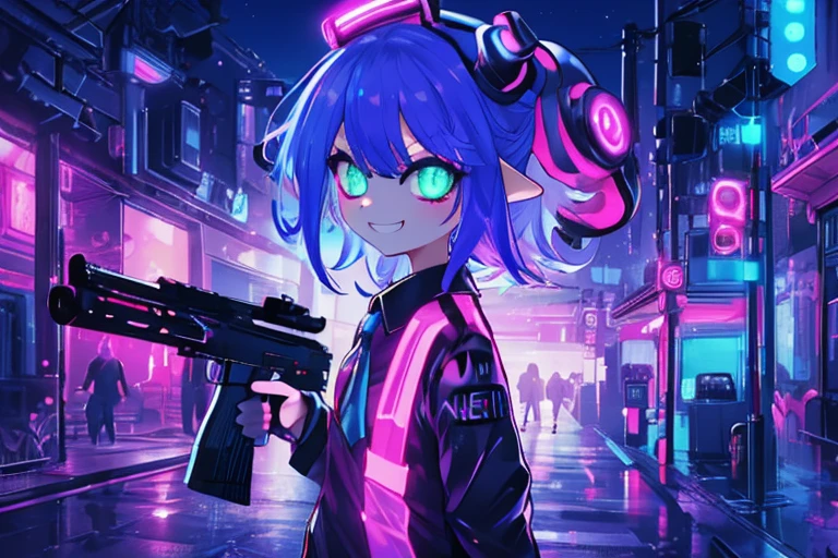 night,nightの街,neon,neonカラー,Splatoon,squid,gun,Big Eyes,neonブルーの瞳,Light Color,Big Eyes,Backlight,uniform,戦闘uniform,Expose,woman,1 person,Grin,Upper Body