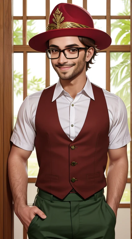 ((obra de arte, melhor qualidade)), Aston Machan (umamusume),, sorriso, seios grandes, tronco, , mangas compridas, camisa branca, babados, Saia verde, button, coxas pretas, suspender, , with glasses, glasses with red frame, red hat crown, , olhos loucos, olho brilhante, ,