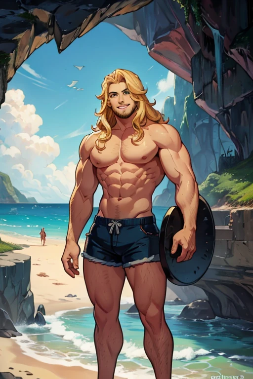 A muscular blonde haired man with blue eyes with long hair and a dark beard in a pair of shorts is exploring a sea cave with a smile at the beach