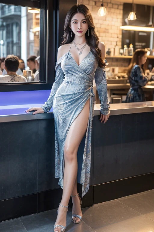 highest quality,masterpiece,Ultra-high resolution,(Actual:1.4),Original photo,Ultra-high resolution,8k,There are women,Fair skin,Exquisite makeup,High heels,Long legs,Bright and beautiful、shy smile、Long straight hair_Hair reaching down to the waist、huge breasts, curvy, pretty girl,((Silver Necklace_Large earrings:1.2))((wearing abstract printed blue mini dresses_long sleeve_wrap dress:1.3)),((In a crowded café at dusk:1.3))、 full figure supermodel standing, entire body in frame、arms up), (no logos in the background), (no logo), ((**modern, eco-friendly home background)).