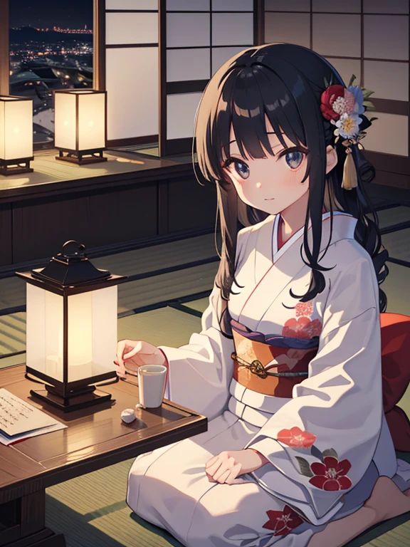 (8k, highest quality, Tabletop:1.2)、One ****************, Detailed face, black eye, Black Hair, Long Hair, Kimono with a flower pattern, night, Japanese-style room, Tatami room, Sliding doors, Lantern, Japanese cushion, seiza, calligraphy, Holding a brush