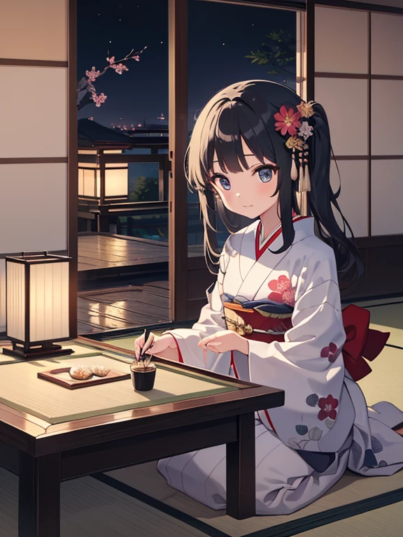 (8k, highest quality, Tabletop:1.2)、One , Detailed face, black eye, Black Hair, Long Hair, Kimono with a flower pattern, night, Japanese-style room, Tatami room, Sliding doors, Lantern, Japanese cushion, seiza, calligraphy, Holding a brush