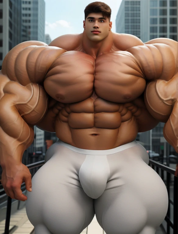 1 boy, giant, model shoot style, looking at viewer, standing, illuminating light, outdoor, strong body, bulk, large size, posing, sunmer, in the city, wear white underpants, meaty bulge, big, brutalmass, giant, muscular body, bulk, massive body, squishy, large meaty body size