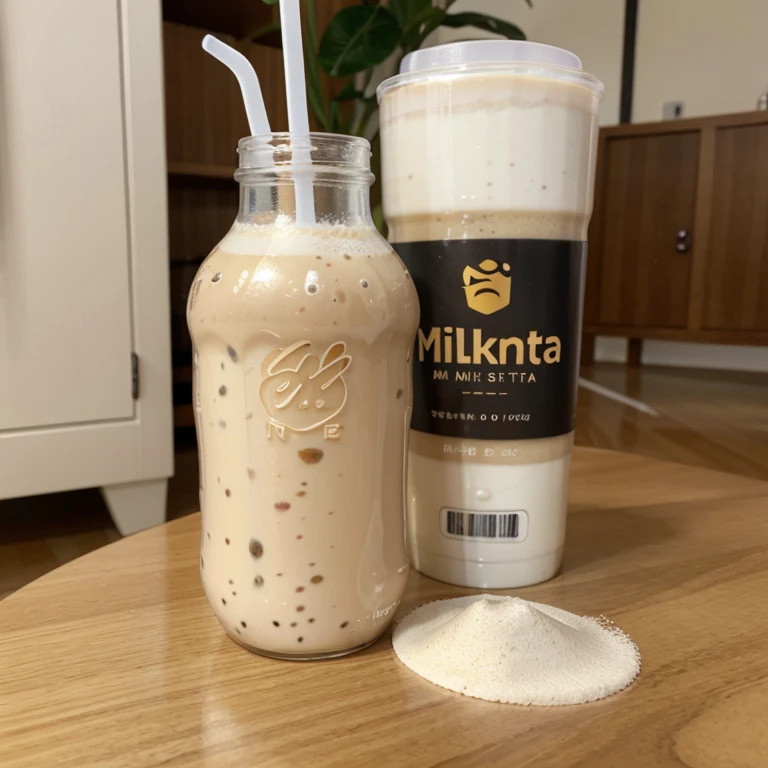 milktea in a bottle with a miltea sachet beside it