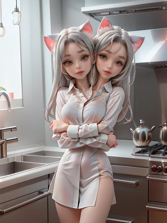 Photo, (((2heads:1, conjoined_dicephalus:1.5, two heads:1.5))), **Render**: full body, girl, (((((one person))))), feminine face, no facial hair, no body hair, cute face, detailed skin, detailed eye, Rendering in highly detailed 4K resolution, two-headed, ~25 years old, ((Silver/White Cat Ears)), (Chinese woman), (standing in the middle of a kitchen), dressed in a halfway buttoned up (((mens (white) formal shirt))), (red eyeshadow/lipstick/nails), ((silver straight hair)), (puckering her lips), (extending her arms towards the camera as if offering a warm welcome)