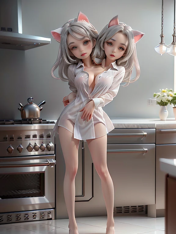 Photo, (((2heads:1, conjoined_dicephalus:1.5, two heads:1.5))), **Render**: full body, girl, (((((one person))))), feminine face, no facial hair, no body hair, cute face, detailed skin, detailed eye, Rendering in highly detailed 4K resolution, two-headed, ~25 years old, ((Silver/White Cat Ears)), (Chinese woman), (standing in the middle of a kitchen), dressed in a halfway buttoned up (((mens (white) formal shirt))), (red eyeshadow/lipstick/nails), ((silver straight hair)), (puckering her lips), (extending her arms towards the camera as if offering a warm welcome)