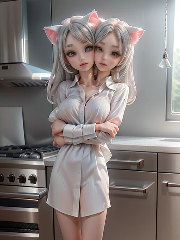 Photo, (((2heads:1, conjoined_dicephalus:1.5, two heads:1.5))), **Render**: full body, girl, (((((one person))))), feminine face, no facial hair, no body hair, cute face, detailed skin, detailed eye, Rendering in highly detailed 4K resolution, two-headed, ~25 years old, ((Silver/White Cat Ears)), (Chinese woman), (standing in the middle of a kitchen), dressed in a halfway buttoned up (((mens (white) formal shirt))), (red eyeshadow/lipstick/nails), ((silver straight hair)), (puckering her lips), (extending her arms towards the camera as if offering a warm welcome)