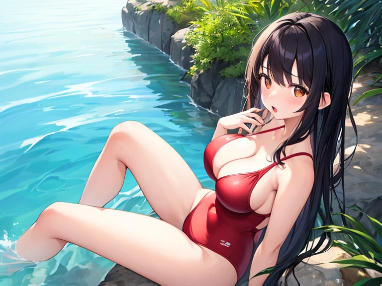 masterpiece、Best image quality、Ultra-high resolution、age girl with large breasts、Long Hair Styles、Black Hair、Red face、Shyly、mock、Open your mouth just a little、Brown eyes、Teengirl in swimsuit showing cleavage、Sitting on the seaside、in the sea