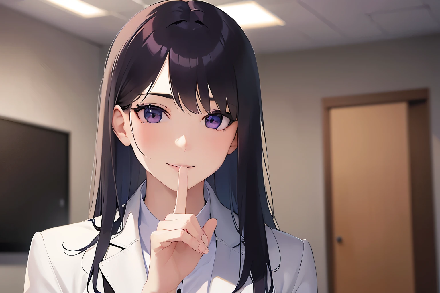 Pointing with finger,  Biologically correct five fingers、upper body, Realistic, real person, (pale skin: 1.2), (RAW photo:1.5), photorealistic, shiny skin, shiny hair、(A 25-year-old woman with straight hair and bangs) and (medium hair) and (black hair) and (purple eyes) and (half eyes), business suit, smile, The background is an office conference room、alone、Are standing