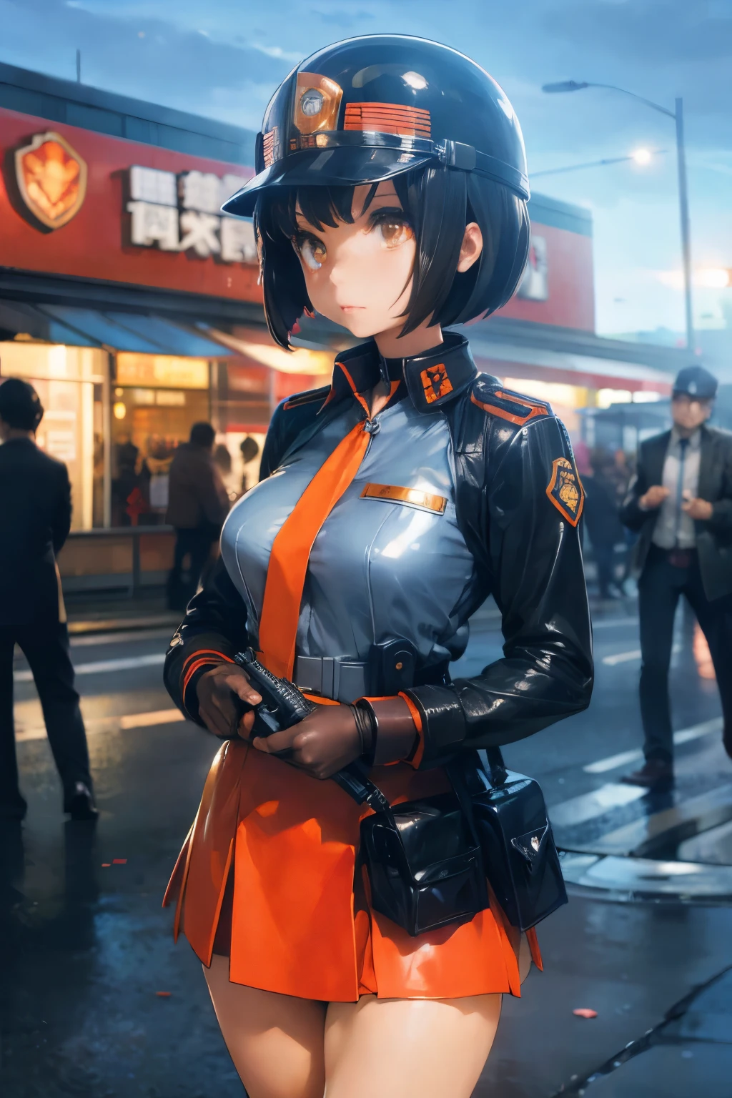 A female member of the Scientific Special Investigation Team that appears in Ultraman wears the uniform of the Special Scientific Investigation Team, is a member of the Special Scientific Investigation Team, her uniform is orange with a red tie, the meteor-shaped emblem on her collar is a communication device, a helmet, Female member of the Special Forces, black gloves, orange skirt, black handgun holster on waist, dignified expression, dynamic pose, outdoors, built-up area, background blurred