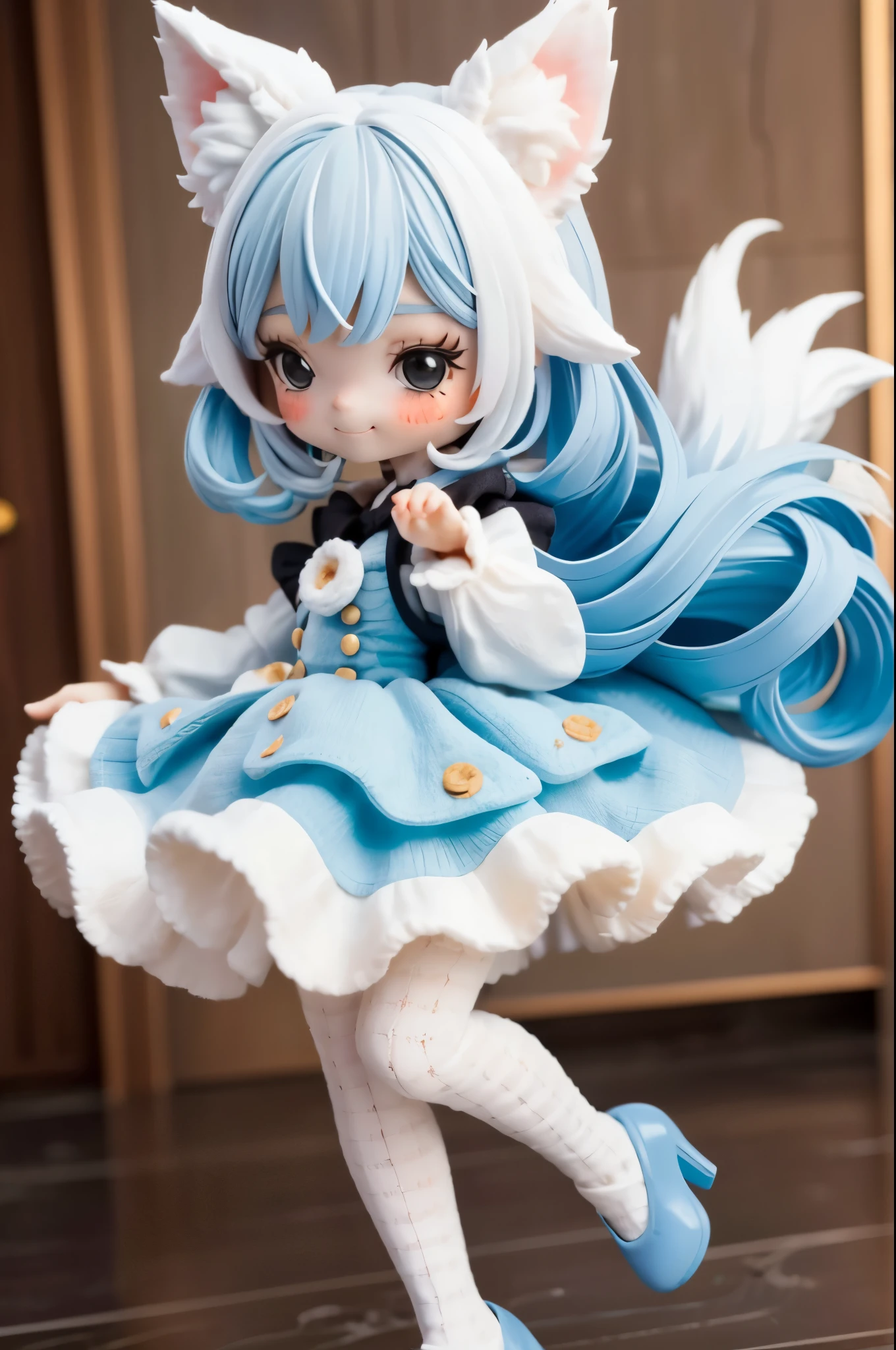 A girl with striking white hair、Fox ears and tail、Cosplay、Baby Face、Cute dynamic pose、hair ornaments、Black Pantyhose、No sleeve、smile、Background is blue