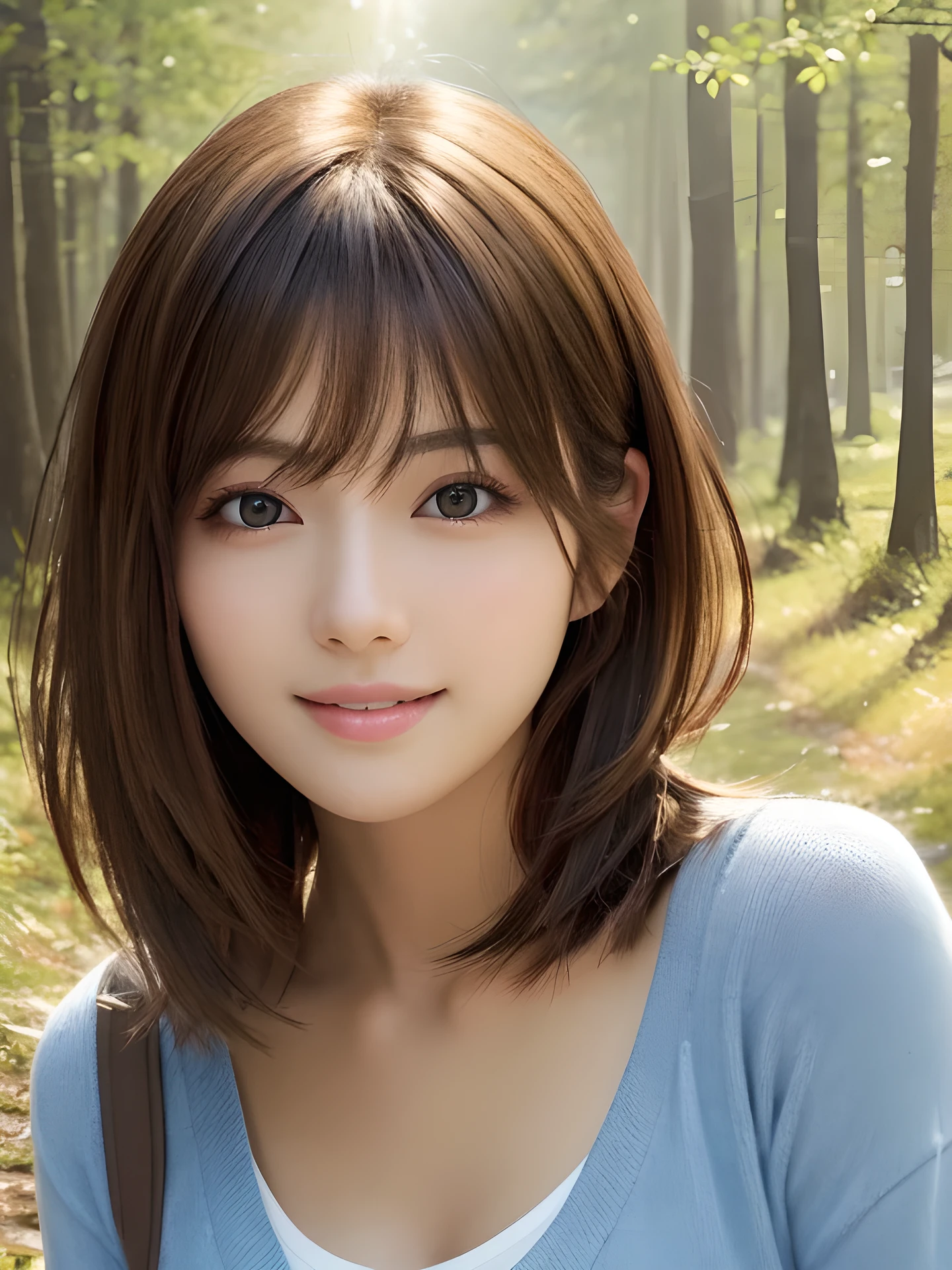 masterpiece, highest quality, High resolution, wallpaper, realistic, (bright lighting:1.4), professional lighting, face light, smooth lighting, japanese girl, close-up of face, cute, happy, smile, shy, Beautiful girl, gravure, sexy, super beautiful, beautiful skin, beautiful and detailed eyes、detailed face、slim、moderately, short hair, brunette colored hair, hair blown by the wind, brown eyes, The morning sunlight shines through the misty forest path.