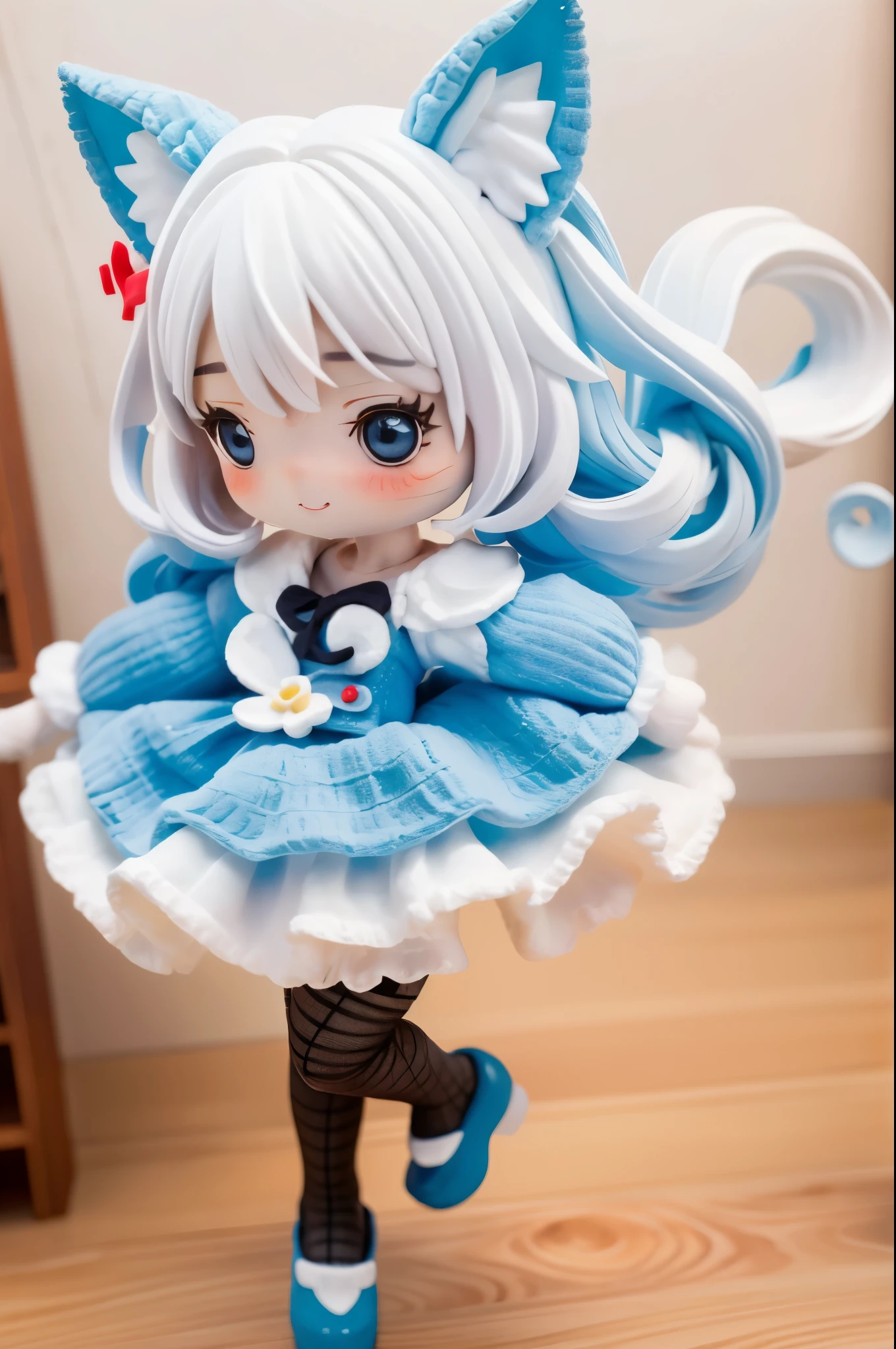 A girl with striking white hair、Fox ears and tail、Cosplay、Baby Face、Cute dynamic pose、hair ornaments、Black Pantyhose、No sleeve、smile、Background is blue
