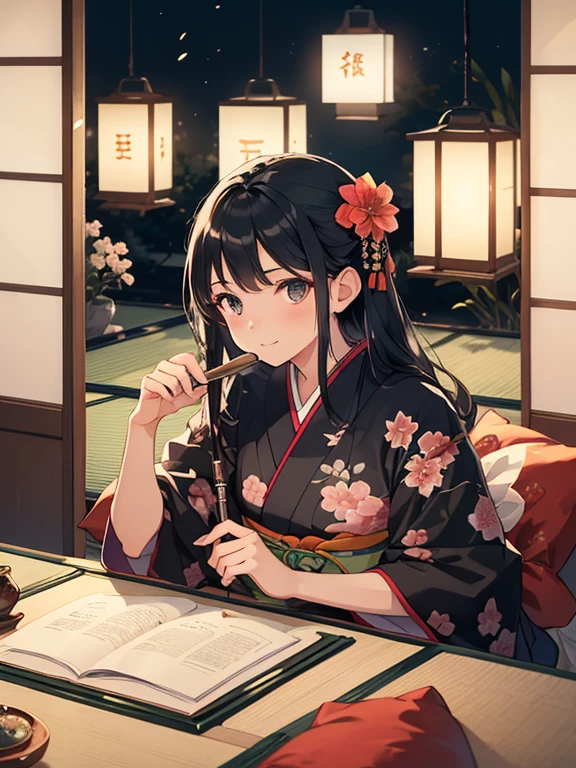 (8k, highest quality, Tabletop:1.2)、One -yeld gi Detailed face, black eye, Black Hair, Long Hair, Kimono with a flower pattern, night, Japanese-style room, Tatami room, Sliding doors, Lantern, Japanese cushion, seiza, calligraphy, Holding a brush