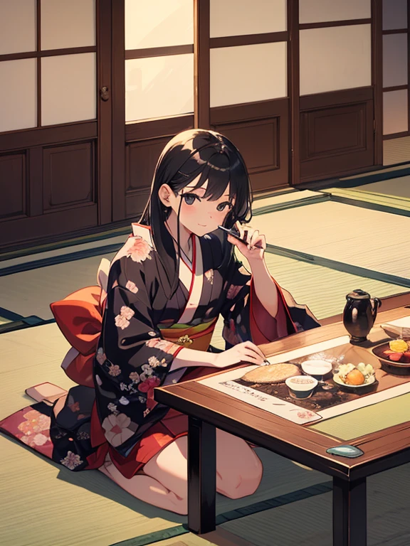 (8k, highest quality, Tabletop:1.2)、One , Detailed face, black eye, Black Hair, Long Hair, Kimono with a flower pattern, night, Japanese-style room, Tatami room, Sliding doors, Lantern, Japanese cushion, seiza, calligraphy, Holding a brush