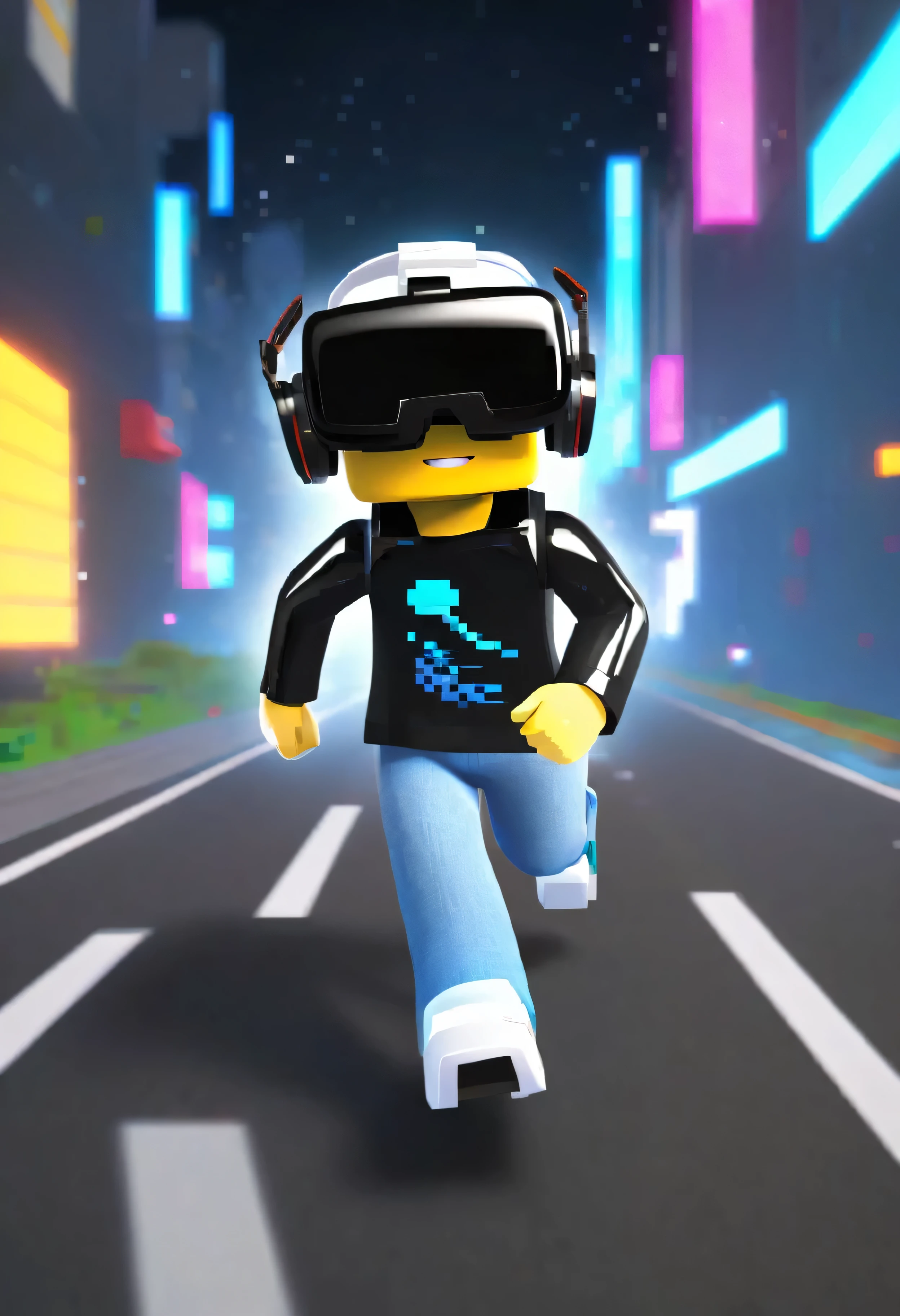 roblox type character, with vr glasses, running on a road, futuristic.